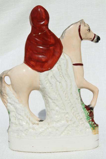 photo of antique circa 1900 Old Staffordshire china figure, red riding hood egg basket lady on horse back #5