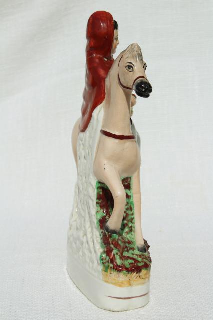 photo of antique circa 1900 Old Staffordshire china figure, red riding hood egg basket lady on horse back #6