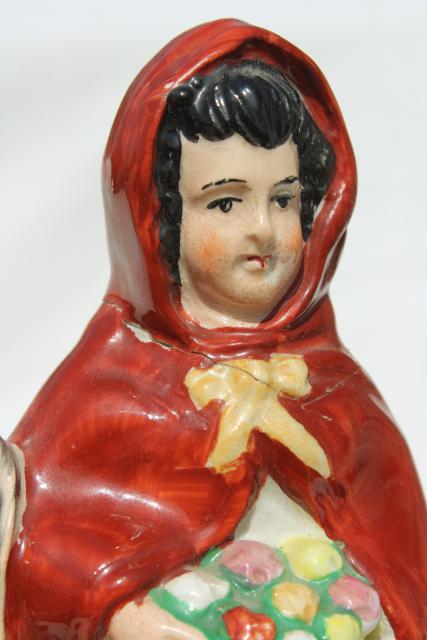 photo of antique circa 1900 Old Staffordshire china figure, red riding hood egg basket lady on horse back #7