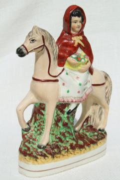 catalog photo of antique circa 1900 Old Staffordshire china figure, red riding hood egg basket lady on horse back