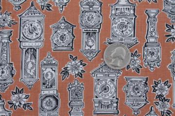 catalog photo of antique clocks print cotton fabric, mid-century vintage fabric w/ steampunk style