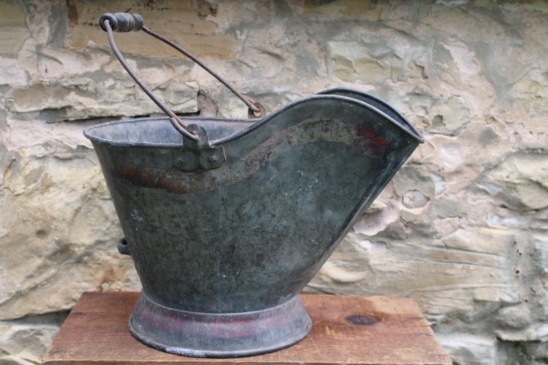 photo of antique coal bucket scuttle w/ worn original paint, vintage primitive for fireplace or stove #1