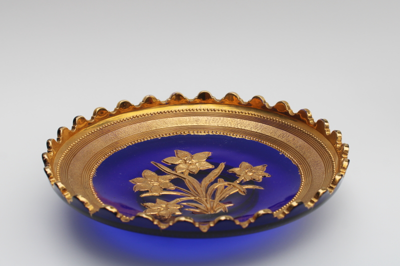 photo of antique cobalt blue glass bowl, EAPG violet bouquet Northwood Verre d'Or hand painted gold  #1