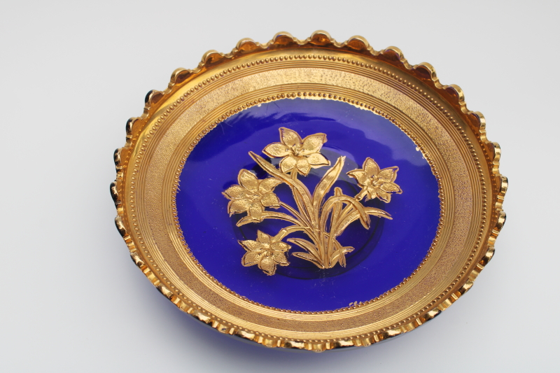 photo of antique cobalt blue glass bowl, EAPG violet bouquet Northwood Verre d'Or hand painted gold  #2