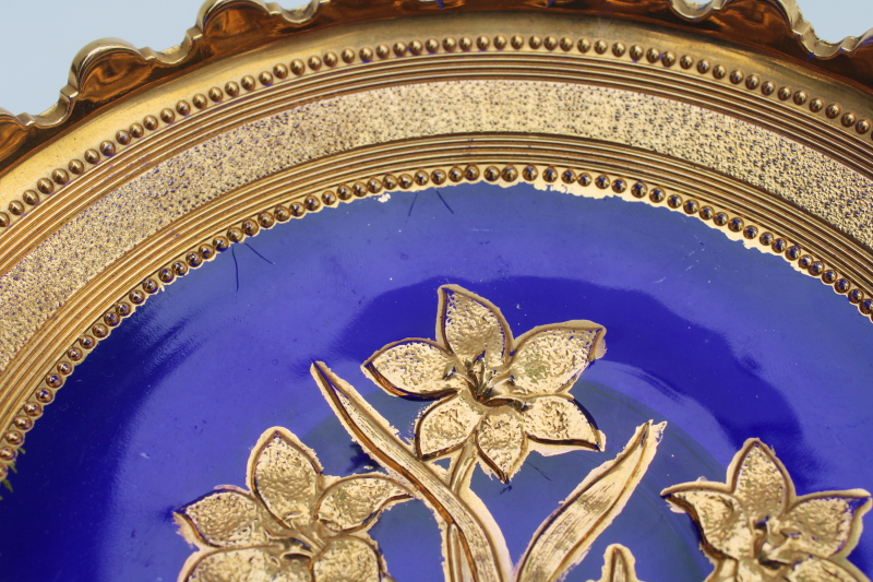 photo of antique cobalt blue glass bowl, EAPG violet bouquet Northwood Verre d'Or hand painted gold  #3
