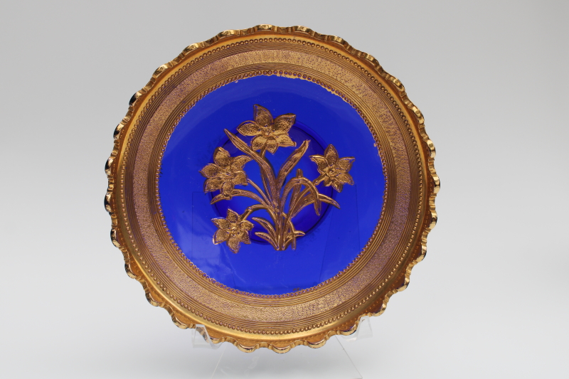 photo of antique cobalt blue glass bowl, EAPG violet bouquet Northwood Verre d'Or hand painted gold  #4