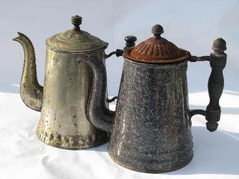 photo of antique coffee pots, vintage graniteware enamel, tin w/ old wood handle #1