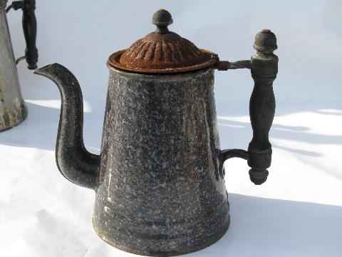 photo of antique coffee pots, vintage graniteware enamel, tin w/ old wood handle #2