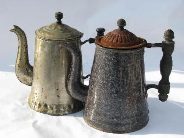 catalog photo of antique coffee pots, vintage graniteware enamel, tin w/ old wood handle