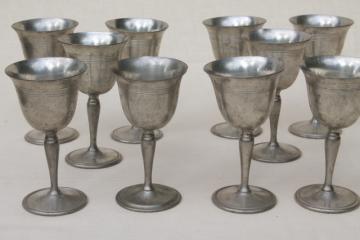 catalog photo of antique colonial style vintage pewter goblets, sherry wine glasses set of 10