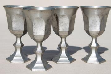 catalog photo of antique colonial style vintage pewter goblets, sherry wine glasses set of 4