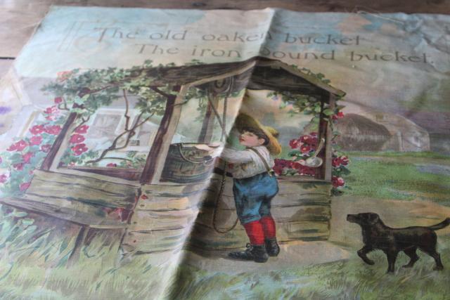 photo of antique color litho print cotton fabric, Old Oaken Bucket late Victorian children illustration #1