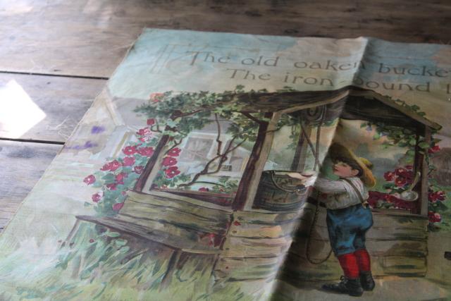 photo of antique color litho print cotton fabric, Old Oaken Bucket late Victorian children illustration #4