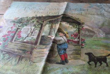 catalog photo of antique color litho print cotton fabric, Old Oaken Bucket late Victorian children illustration