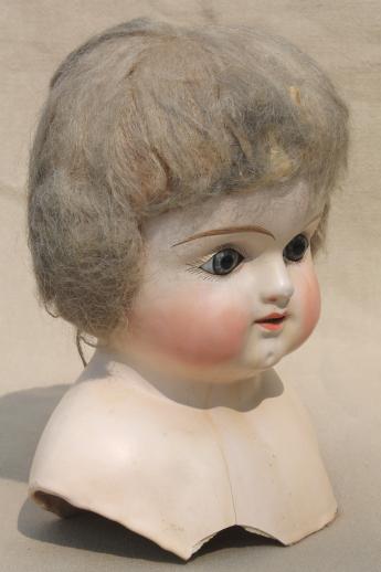 photo of antique composition baby doll head w/ original hair, glass eyes, open mouth #1