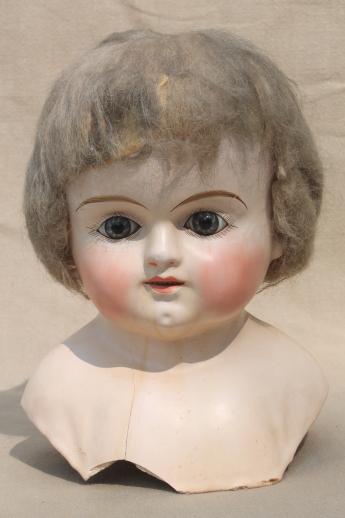 photo of antique composition baby doll head w/ original hair, glass eyes, open mouth #2