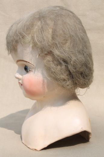 photo of antique composition baby doll head w/ original hair, glass eyes, open mouth #3