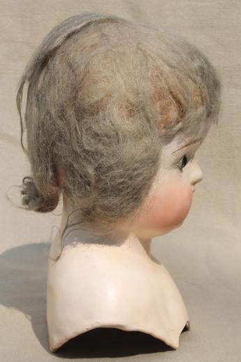 photo of antique composition baby doll head w/ original hair, glass eyes, open mouth #5