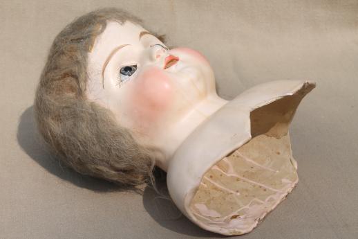 photo of antique composition baby doll head w/ original hair, glass eyes, open mouth #6