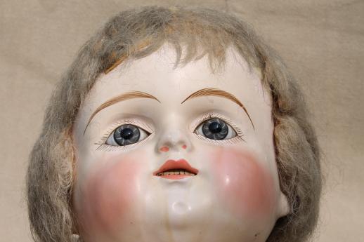 photo of antique composition baby doll head w/ original hair, glass eyes, open mouth #9