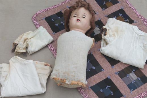 photo of antique composition baby doll head w/ red curls, sleep eyes, open mouth w/ teeth #7