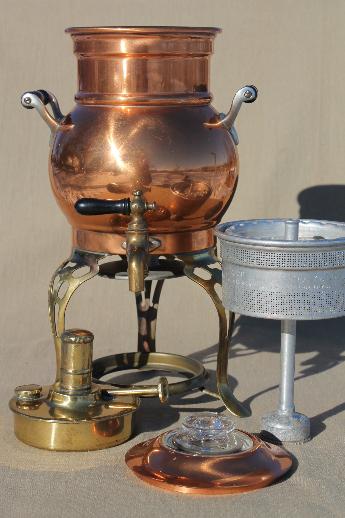 photo of antique copper coffee urn, samovar coffee percolator w/ spirit lamp burner, early 1900s vintage #6