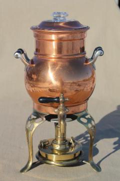 catalog photo of antique copper coffee urn, samovar coffee percolator w/ spirit lamp burner, early 1900s vintage