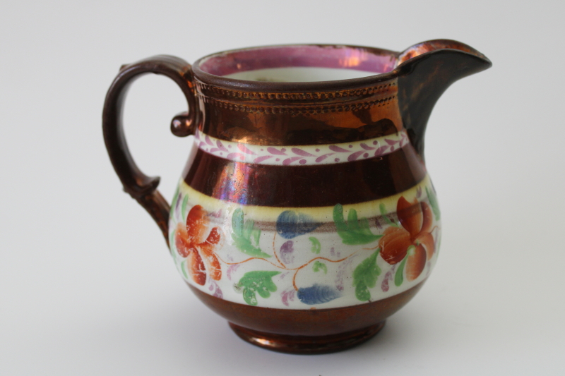 photo of antique copper lusterware pottery pitcher, Victorian England milk jug creamer w/ hand painted floral  #1