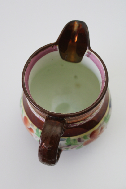 photo of antique copper lusterware pottery pitcher, Victorian England milk jug creamer w/ hand painted floral  #2