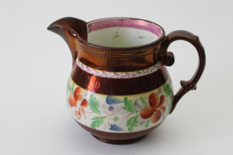 photo of antique copper lusterware pottery pitcher, Victorian England milk jug creamer w/ hand painted floral  #3