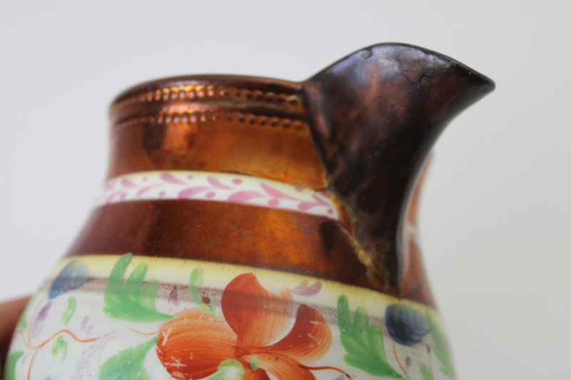 photo of antique copper lusterware pottery pitcher, Victorian England milk jug creamer w/ hand painted floral  #7