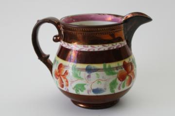 catalog photo of antique copper lusterware pottery pitcher, Victorian England milk jug creamer w/ hand painted floral 