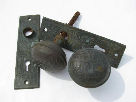 photo of antique copper/bronze Arts&Crafts/Viking Revival door knob & escutcheon plates #1