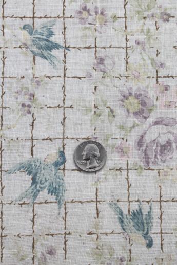 photo of antique cotton fabric with bluebirds and flowers print, early 1900s vintage curtain panel #1