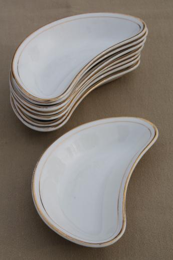 photo of antique crescent salad plates or bone dishes, 1920s vintage gold band white china set #1