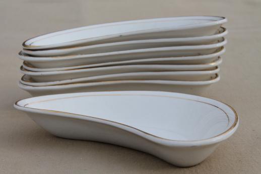 photo of antique crescent salad plates or bone dishes, 1920s vintage gold band white china set #3