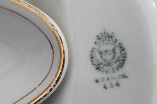 photo of antique crescent salad plates or bone dishes, 1920s vintage gold band white china set #6