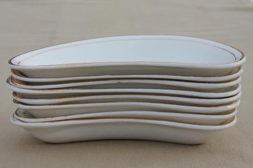 photo of antique crescent salad plates or bone dishes, 1920s vintage gold band white china set #7