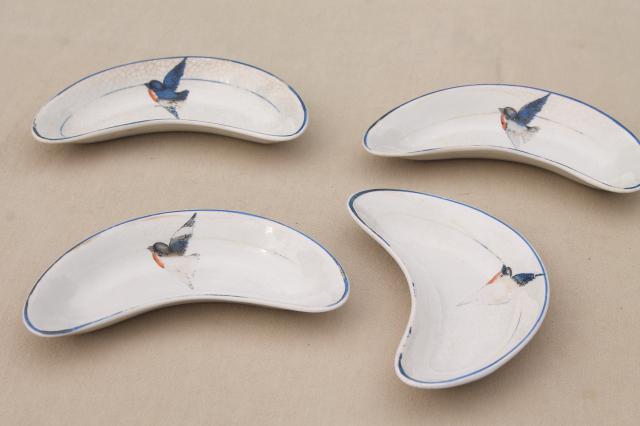 photo of antique crescent shaped side plates, salad or bone dishes vintage bluebird china #1