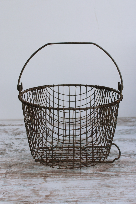 photo of antique crimped wire basket w/ handle, small eggbasket shape, nice old patina  #4