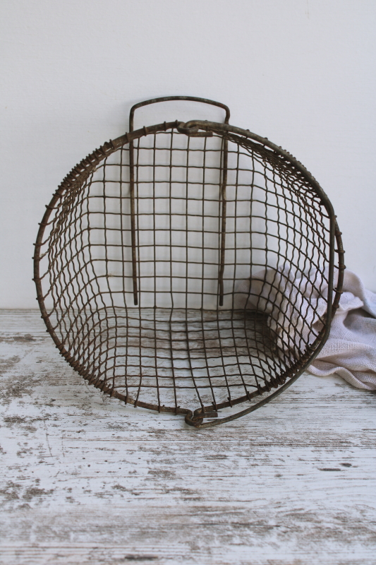 photo of antique crimped wire basket w/ handle, small eggbasket shape, nice old patina  #7