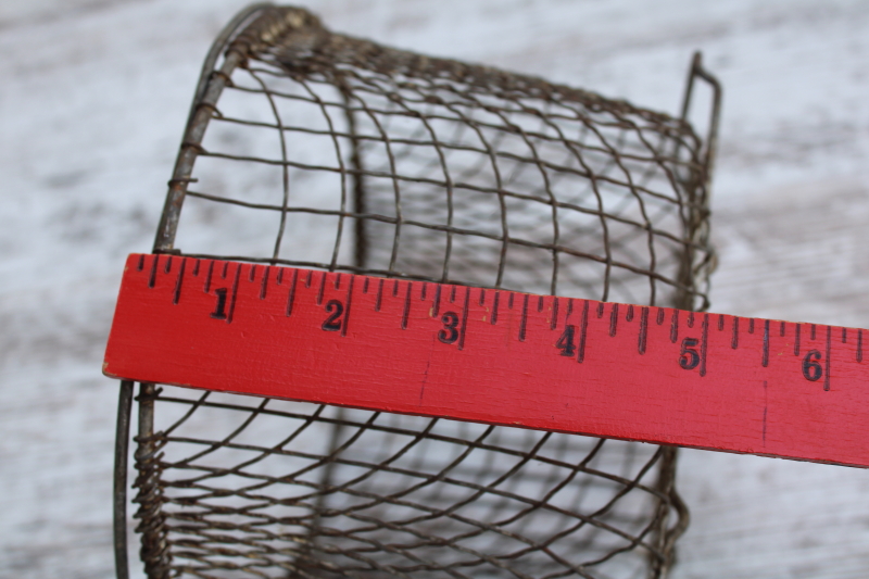 photo of antique crimped wire basket w/ handle, small eggbasket shape, nice old patina  #10