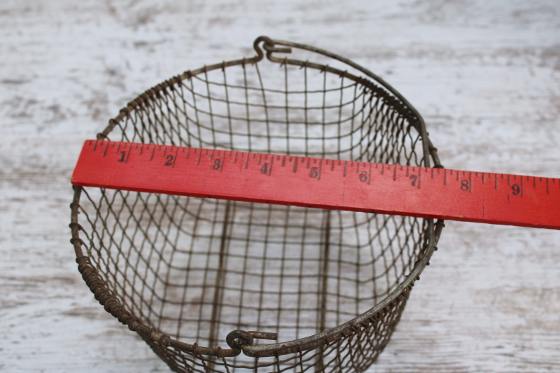 photo of antique crimped wire basket w/ handle, small eggbasket shape, nice old patina  #13