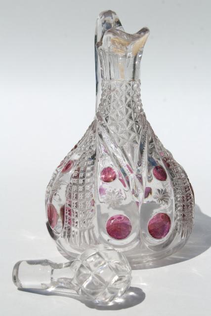 photo of antique cruet bottles, sun purple / cranberry stain EAPG pressed pattern glass cruets #9