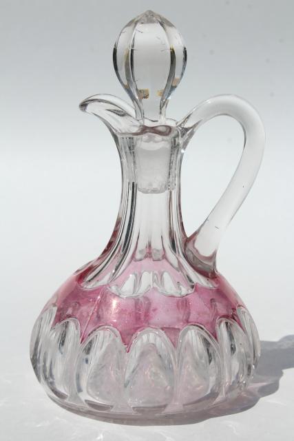 photo of antique cruet bottles, sun purple / cranberry stain EAPG pressed pattern glass cruets #13