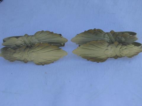 photo of antique curtain drapery tie-backs, metal tole feathers or leaves, vintage paint #1