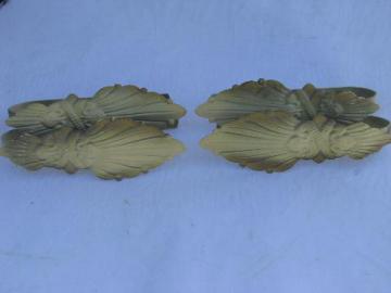 catalog photo of antique curtain drapery tie-backs, metal tole feathers or leaves, vintage paint