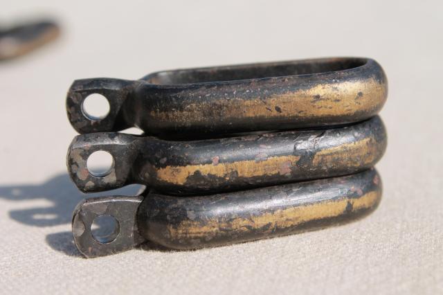 photo of antique curtain rings for casement rods, copper gold & black tiger stripe japanned paint finish #4