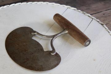 catalog photo of antique curved blade mezzaluna rocking chopper knife, Landers Frary Clark forged steel