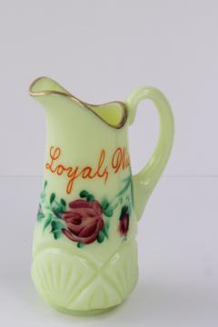 catalog photo of antique custard glass pitcher, hand painted souvenir of Loyal Wisconsin